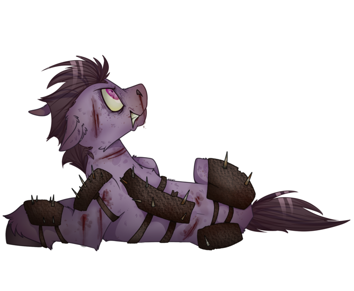 Size: 2800x2300 | Tagged: semi-grimdark, artist:molars, derpibooru import, oc, unofficial characters only, earth pony, pony, fallout equestria, angry, armor, blood, commission, growling, image, injured, leather, leather armor, lying down, png, raider, simple background, solo, spikes, transparent background, unshorn fetlocks