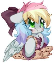 Size: 832x961 | Tagged: safe, artist:loyaldis, derpibooru import, oc, oc:blazey sketch, unofficial characters only, blushing, bow, chest fluff, clothes, cookie, eating, embarrassed, food, green eyes, hair bow, image, long mane, multicolored hair, png, simple background, small wings, solo, sweater, transparent background, wings