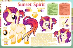 Size: 1200x798 | Tagged: safe, derpibooru import, oc, oc:sunset spirit, pony, unicorn, bio, cutie mark, dislikes, happy, image, likes, looking at you, png, reference sheet, sad, show accurate, simple background, smiling, smiling at you, solo, vector