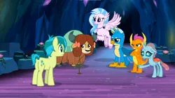 Size: 1600x900 | Tagged: safe, derpibooru import, screencap, gallus, ocellus, sandbar, silverstream, smolder, yona, changedling, changeling, classical hippogriff, dragon, earth pony, gryphon, hippogriff, pony, yak, uprooted, cloven hooves, colored hooves, crossed arms, gallus is not amused, image, jewelry, necklace, png, smolder is not amused, student six, unamused