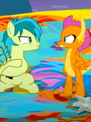 Size: 401x539 | Tagged: safe, derpibooru import, screencap, sandbar, smolder, dragon, earth pony, pony, uprooted, angry, cropped, dragoness, duo, female, hand on hip, image, looking at each other, looking at someone, male, png