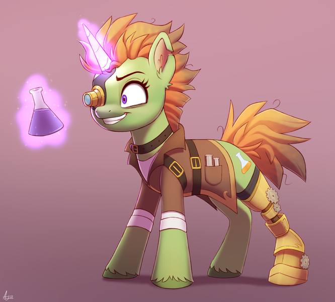 Size: 2108x1900 | Tagged: safe, artist:luminousdazzle, derpibooru import, oc, oc:juniper, unofficial characters only, pony, unicorn, amputee, beaker, clothes, cog, female, glow, glowing horn, grin, horn, image, insanity, mad scientist, magic, mare, messy mane, png, potion, prosthetic eye, prosthetic leg, prosthetic limb, prosthetics, scientist, simple background, smiling, solo, solo female, steampunk, test tube, torn ear, unicorn oc, unshorn fetlocks