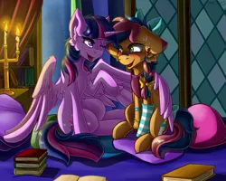 Size: 2476x1983 | Tagged: safe, artist:yuris, derpibooru import, twilight sparkle, twilight sparkle (alicorn), oc, oc:solar comet, unofficial characters only, alicorn, pegasus, pony, bed, blushing, book, bow, braid, braided tail, candle, castle, chandelier, clothes, commission, cupboard, curtains, duo, duo female, embrace, female, floppy ears, image, night, one eye closed, patch, pegasus oc, pillow, png, room, shipping, smiling, socks, striped socks, sweat, tail, twilight's castle, two toned hair, wings, wink