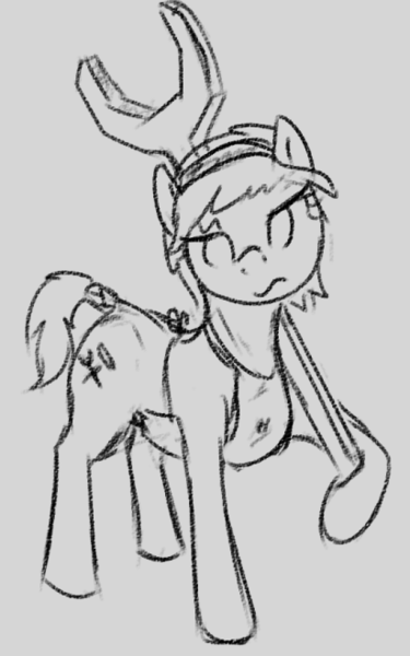 Size: 412x660 | Tagged: oc name needed, safe, artist:barhandar, earth pony, pony, apron, clothes, female, image, mare, png, raised eyebrow, simple background, sketch, solo, white background, wrench