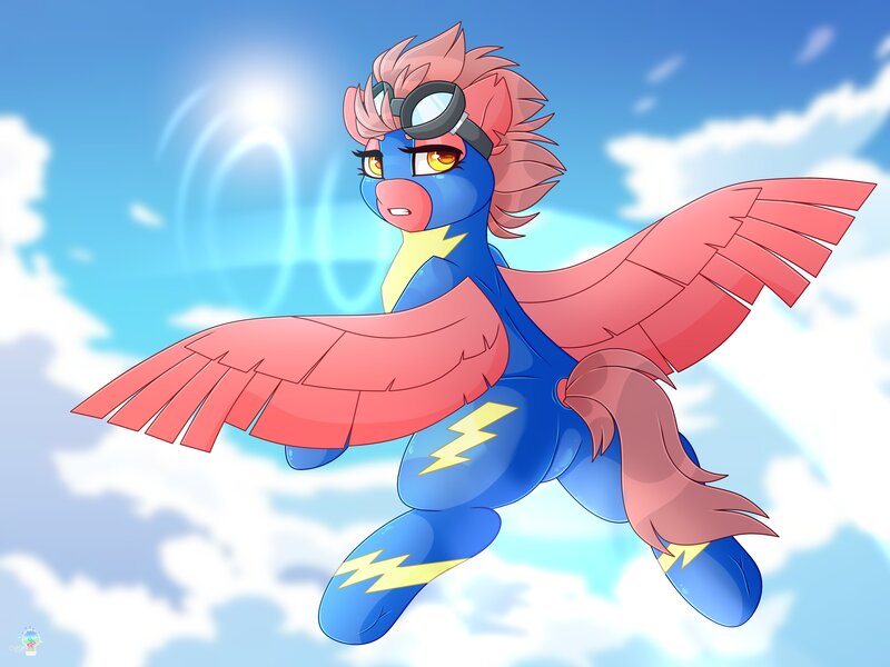 Size: 4000x3000 | Tagged: safe, artist:chromatic-sheen, derpibooru import, oc, oc:fast fire, unofficial characters only, pegasus, pony, clothes, cloud, cloudy, day, flying, goggles, goggles on head, image, jpeg, outdoors, pegasus oc, sky, solo, spread wings, uniform, wings, wonderbolts, wonderbolts uniform