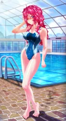 Size: 3289x6000 | Tagged: suggestive, alternate version, artist:mauroz, derpibooru import, pinkie pie, human, anime, areola outline, cameltoe, clothes, commission, erect nipples, humanized, image, nipple outline, one eye closed, one-piece swimsuit, png, swimming pool, swimsuit