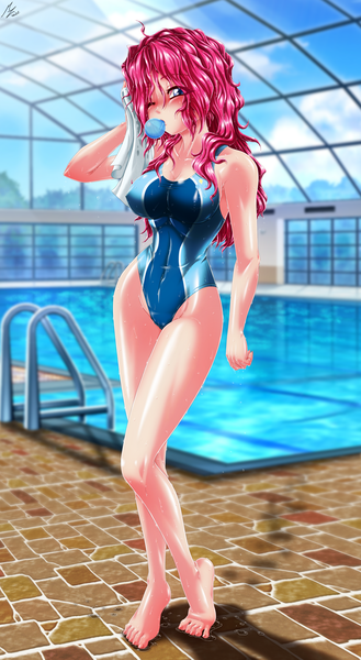 Size: 3289x6000 | Tagged: suggestive, alternate version, artist:mauroz, derpibooru import, pinkie pie, human, anime, areola outline, cameltoe, clothes, commission, erect nipples, humanized, image, nipple outline, one eye closed, one-piece swimsuit, png, swimming pool, swimsuit