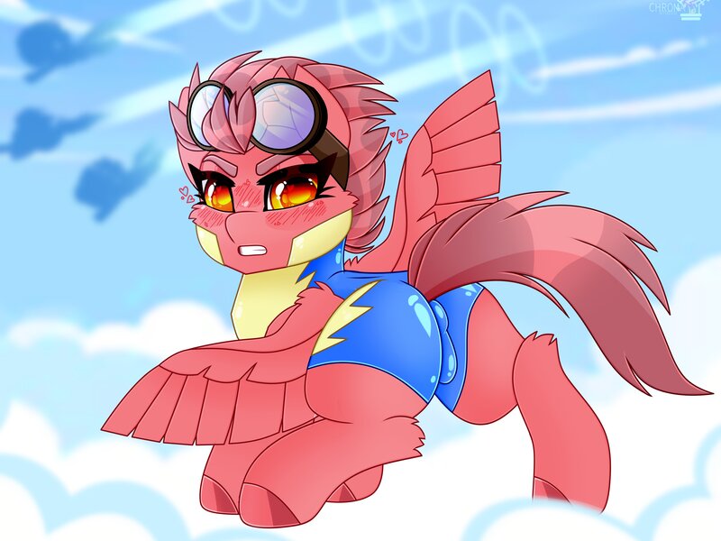 Size: 4000x3000 | Tagged: safe, artist:chromatic-sheen, derpibooru import, oc, oc:fast fire, unofficial characters only, pegasus, pony, chibi, clothes, cloud, cloudy, day, female, goggles, goggles on head, image, jpeg, looking at you, mare, outdoors, sky, solo, spread wings, uniform, wings, wonderbolt trainee uniform, wonderbolts, wonderbolts uniform