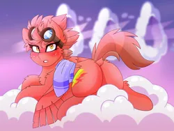 Size: 1200x900 | Tagged: safe, artist:chromatic-sheen, derpibooru import, oc, oc:fast fire, unofficial characters only, pegasus, pony, butt, cloud, cloudy, goggles, goggles on head, image, jpeg, looking at you, lying down, night, outdoors, pegasus oc, solo, towel, wings