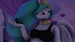 Size: 2920x1642 | Tagged: safe, artist:docteurcinematicstudio, artist:mothra72, derpibooru import, princess celestia, alicorn, anthro, human, pony, 3d, breasts, clothes, crown, female, giantess, hand, image, jewelry, macro, macro/micro, micro, png, regalia, source filmmaker, tiny