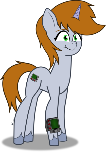 Size: 1980x2843 | Tagged: safe, artist:isaac_pony, derpibooru import, oc, oc:littlepip, pony, unicorn, fallout equestria, my little pony: a new generation, my little pony: tell your tale, cutie mark, fallout, female, g5, horn, image, pipboy, png, shadow, show accurate, simple background, smiling, tail, transparent background, vector