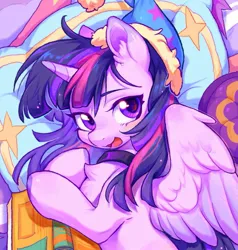 Size: 1195x1255 | Tagged: safe, artist:千雲九枭, derpibooru import, twilight sparkle, twilight sparkle (alicorn), alicorn, pony, bed, bed mane, book, chest fluff, collar, cute, ear fluff, female, hat, image, jpeg, looking at you, mare, messy mane, nightcap, on bed, open mouth, pillow, solo, spread wings, twiabetes, wings