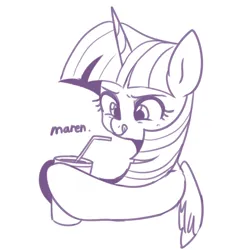 Size: 3800x3800 | Tagged: safe, artist:maren, derpibooru import, twilight sparkle, twilight sparkle (alicorn), alicorn, pony, bust, cup, doodle, drinking straw, high res, image, licking, licking lips, monochrome, png, solo, tongue out