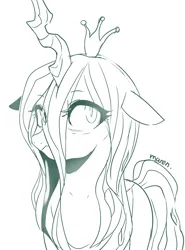 Size: 2810x3800 | Tagged: safe, artist:maren, derpibooru import, queen chrysalis, changeling, changeling queen, :/, doodle, female, floppy ears, high res, image, monochrome, png, solo, unamused