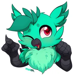 Size: 2945x2869 | Tagged: safe, artist:maren, derpibooru import, oc, oc:baja, unofficial characters only, gryphon, bust, chest fluff, griffon oc, high res, image, one eye closed, open mouth, png, pointing, simple background, solo, white background, wink