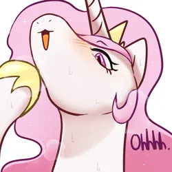 Size: 2600x2600 | Tagged: safe, artist:maren, derpibooru import, princess celestia, pony, princess molestia, :3, blushing, bust, high res, hoof on chin, image, open mouth, png, portrait, solo, sweat