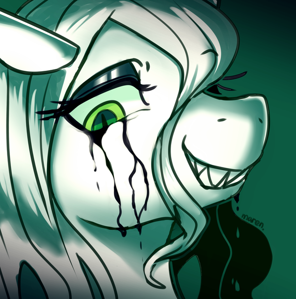 Size: 2577x2600 | Tagged: safe, artist:maren, derpibooru import, queen chrysalis, changeling, changeling queen, bust, crying, doodle, female, grin, high res, image, makeup, png, portrait, running makeup, smiling, solo