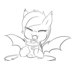 Size: 982x827 | Tagged: safe, artist:maren, derpibooru import, oc, oc:echo, unofficial characters only, bat pony, pony, cheese, doodle, eating, eyes closed, fangs, food, image, monochrome, png, solo, spread wings, table, wings
