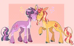 Size: 1280x793 | Tagged: safe, artist:wanderingpegasus, derpibooru import, sci-twi, sunset shimmer, twilight sparkle, ponified, classical unicorn, pony, unicorn, blushing, chest fluff, cloven hooves, cute, duo, equestria girls ponified, female, glasses, image, jpeg, leonine tail, lesbian, looking at each other, looking at someone, markings, raised hoof, redesign, scitwishimmer, shimmerbetes, shipping, sunsetsparkle, twiabetes, twitterina design, unshorn fetlocks