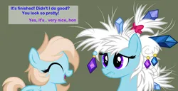 Size: 3726x1905 | Tagged: safe, artist:feather_bloom, derpibooru import, oc, oc:featherbloom, oc:hazelnut, pegasus, pony, base used, bow, female, filly, foal, gem, gemstones, happy, image, messy mane, mother and child, mother and daughter, oblivious, png, simple background, upset