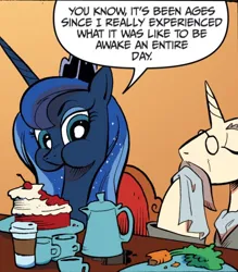 Size: 656x750 | Tagged: safe, artist:andypriceart, derpibooru import, idw, kibitz, princess luna, alicorn, pony, unicorn, cake, carrot, coffee, coffee cup, coffee mug, coffee pot, cup, dialogue, duo, eating, female, food, image, jpeg, male, mare, micro-series, mug, stallion