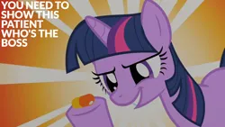 Size: 1920x1080 | Tagged: safe, derpibooru import, edit, edited screencap, editor:quoterific, screencap, twilight sparkle, a bird in the hoof, image, pill, png, solo