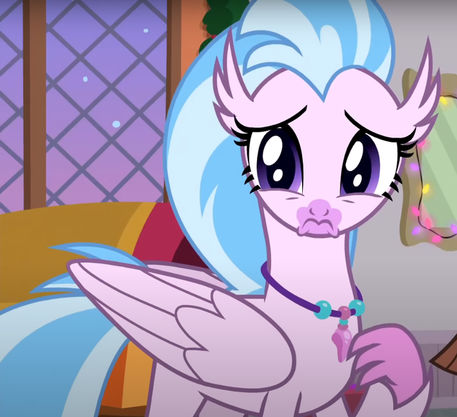 Size: 853x778 | Tagged: safe, derpibooru import, screencap, silverstream, classical hippogriff, hippogriff, the hearth's warming club, cropped, cute, diastreamies, image, jewelry, necklace, png, sad, sadorable, solo