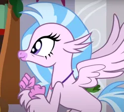Size: 743x673 | Tagged: safe, derpibooru import, screencap, silverstream, classical hippogriff, hippogriff, the hearth's warming club, cropped, cute, diastreamies, excited, image, jewelry, necklace, png, solo
