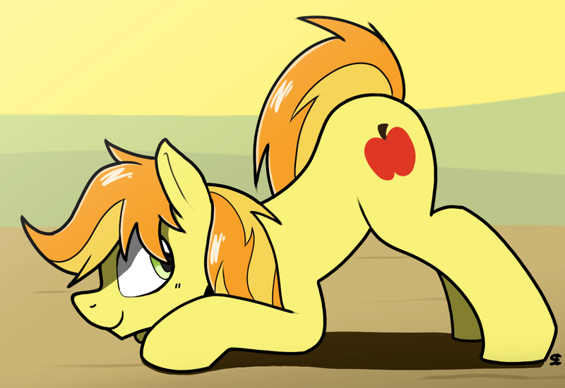 Size: 1319x907 | Tagged: safe, artist:sefastpone, derpibooru import, braeburn, earth pony, pony, digital art, face down ass up, image, looking back, male, png, presenting, raised tail, stallion, tail