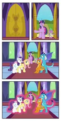 Size: 2000x3936 | Tagged: safe, artist:mlpconjoinment, derpibooru import, fluttershy, princess ember, rarity, smolder, spike, twilight sparkle, twilight sparkle (alicorn), alicorn, dragon, pony, argument, image, magic, png, this will not end well