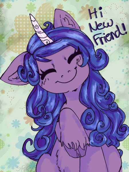 Size: 768x1024 | Tagged: safe, artist:cinnamonsparx, derpibooru import, izzy moonbow, pony, cute, eyes closed, g5, hi new friend, image, izzybetes, jpeg, smiling, solo