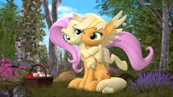 Size: 3840x2160 | Tagged: safe, artist:owlpirate, derpibooru import, applejack, fluttershy, earth pony, pegasus, pony, 3d, 4k, appleshy, basket, female, forest, hat off, high res, hug, image, lesbian, looking at each other, looking at someone, mare, picnic basket, png, shipping, sitting, smiling, smiling at each other, source filmmaker, tree