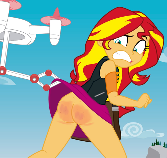 Size: 1196x1128 | Tagged: suggestive, artist:conikiblasu-fan, derpibooru import, edit, sunset shimmer, human, equestria girls, equestria girls series, forgotten friendship, ass, butt, clothes, cloud, drone, embarrassed, image, looking back, png, robotic arm, skirt, skirt lift, solo, spank mark, spanked