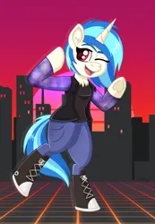 Size: 1097x1583 | Tagged: safe, artist:dyonys, derpibooru import, vinyl scratch, semi-anthro, unicorn, chest fluff, clothes, cutie mark eyes, dancing, denim, female, image, jeans, one eye closed, open mouth, open smile, pants, png, smiling, solo, vest, wingding eyes, wink