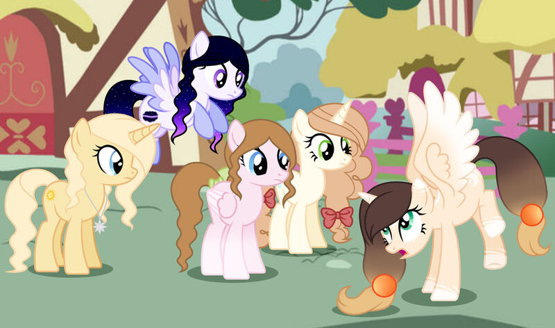 Size: 1280x755 | Tagged: safe, artist:cindystarlight, derpibooru import, oc, oc:ashley shine diamond, oc:cindy, oc:flower heart, oc:night light star, oc:sandy sunny, alicorn, pegasus, pony, unicorn, base used, female, image, jpeg, mare