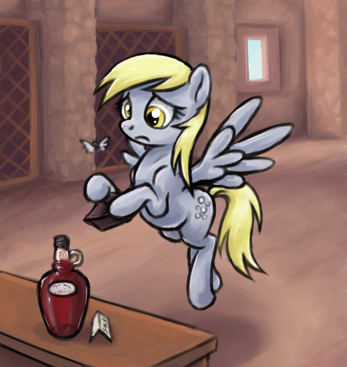 Size: 500x528 | Tagged: safe, artist:choedan-kal, derpibooru import, derpy hooves, insect, moth, pony, alcohol, bottle, image, jpeg, sad, solo, wallet, wine