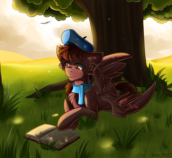Size: 1750x1600 | Tagged: safe, artist:yuris, derpibooru import, oc, oc:autumn harvest, unofficial characters only, pegasus, pony, beret, book, clothes, field, grass, grass field, hat, image, male, pegasus oc, png, scarf, solo, sun, tail, wings, wood