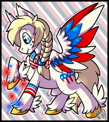 Size: 1833x2048 | Tagged: safe, derpibooru import, oc, oc:star spangle, ponified, pegasus, pony, armband, bow, braid, colored hooves, feathered fetlocks, fireworks, gold hooves, hooves, image, jpeg, nation ponies, united states, wings