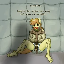 Size: 5000x5000 | Tagged: semi-grimdark, suggestive, artist:smudge proof, derpibooru import, braeburn, anthro, earth pony, plantigrade anthro, abuse, accident, adult diaper, asylum, bad end, bondage, breaking, confused, crying, degradation, diaper, diaper bondage, diaper fetish, diaper slave, diaper training, diapered, dominated, domination, fear wetting, fetish, forced, humiliation, image, institutionalized, kidnapped, male, non-baby in diaper, offscreen character, orderly, pacifier, pacifier gag, padded cell, pissing, png, resistance is futile, sad, scared, sequel, solo, solo male, straitjacket, straps, tears of fear, teary eyes, this is your new life, unpotty training, urine, wet diaper