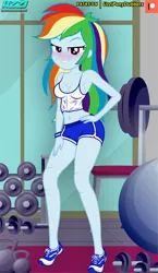 Size: 348x600 | Tagged: suggestive, artist:uzzi-ponydubberx, rainbow dash, human, equestria girls, belly button, blushing, breasts, busty rainbow dash, clothes, commission, community related, dumbbell (object), female, gym, gym shorts, gymnastics, image, jpeg, looking at you, seductive pose, solo, solo female, tanktop, weights