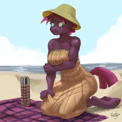 Size: 900x900 | Tagged: safe, artist:kevinsano, derpibooru import, tempest shadow, anthro, unguligrade anthro, unicorn, beach, beach blanket, big breasts, breasts, broken horn, busty tempest shadow, clothes, dress, explicit source, female, hat, horn, image, kneeling, muscles, muscular female, png, scar, solo, sun hat, thermos