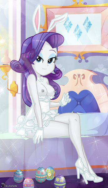 Size: 2335x4054 | Tagged: questionable, artist:charliexe, rarity, human, equestria girls, basket, breasts, bride, bunny ears, bunny suit, bunny tail, busty rarity, clothes, dress, easter basket, easter egg, high heels, image, jpeg, playboy bunny, playboy bunny rarity, shoes, undressing, wedding dress