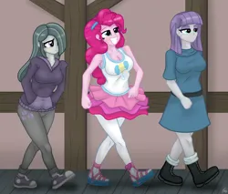 Size: 1280x1090 | Tagged: safe, artist:lennondash, derpibooru import, marble pie, maud pie, pinkie pie, equestria girls, big smile, boots, breasts, cleavage, clothes, cutie mark, cutie mark on clothes, dr. livesey walk, dress, eyeshadow, grin, hair over one eye, hand in pocket, hoodie, image, jpeg, makeup, meme, ponified meme, pullover, shoes, skirt, smiling, sneakers, socks, stockings, tanktop, thigh highs, treasure island, walking