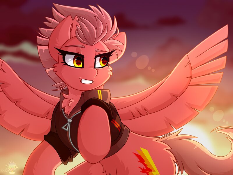 Size: 4000x3000 | Tagged: safe, artist:chromatic-sheen, derpibooru import, oc, oc:fast fire, unofficial characters only, pegasus, pony, bomber jacket, clothes, cloud, cloudy, cutie mark, female, flying, image, jacket, jpeg, mare, open mouth, outdoors, pegasus oc, sky, solo, spread wings, sunset, wings