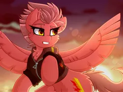 Size: 4000x3000 | Tagged: safe, artist:chromatic-sheen, derpibooru import, oc, oc:fast fire, unofficial characters only, pegasus, pony, bomber jacket, clothes, cloud, cloudy, cutie mark, female, flying, image, jacket, jpeg, mare, open mouth, outdoors, pegasus oc, sky, solo, spread wings, sunset, wings