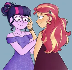 Size: 1024x1003 | Tagged: safe, artist:sunsetslight, derpibooru import, sci-twi, sunset shimmer, twilight sparkle, human, fanfic, fanfic:celluloid, equestria girls, clothes, dress, fanfic art, female, image, jpeg, lesbian, prom, scitwishimmer, shipping, simple background, sunsetsparkle