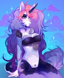 Size: 1055x1280 | Tagged: suggestive, artist:ketchup_tyan, derpibooru import, oc, anthro, unicorn, breasts, cleavage, clothes, constellation, crescent moon, erect nipples, eyeshadow, horn, image, jpeg, lidded eyes, looking at you, makeup, moon, multicolored hair, nipple outline, solo, stars, swimsuit, two-piece swimsuit