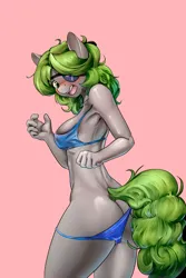 Size: 2400x3600 | Tagged: suggestive, alternate version, artist:d-lowell, oc, oc:twisted gears, unofficial characters only, anthro, earth pony, blushing, bra, clothes, eyepatch, female, image, jpeg, open mouth, panties, pink background, simple background, solo, underwear