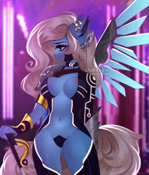 Size: 1700x2000 | Tagged: suggestive, artist:shimisen, derpibooru import, oc, oc:lusty symphony, unofficial characters only, anthro, pegasus, anthro oc, areola, belly button, breasts, commission, cybernetic wings, cyberpunk, ear piercing, eyeshadow, female, image, jpeg, makeup, nudity, partial nudity, pegasus oc, piercing, solo, solo female, sword, thighs, weapon, wings, ych result