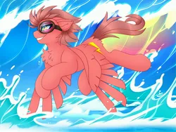 Size: 4000x3000 | Tagged: safe, artist:chromatic-sheen, derpibooru import, oc, oc:fast fire, unofficial characters only, pegasus, pony, cutie mark, day, female, flying, goggles, image, jpeg, mare, pegasus oc, solo, spread wings, water, wave, wings